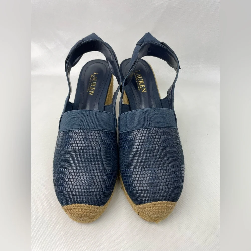 Lauren by Ralph Lauren Helma Espadrille Wedge Comfy Navy Blue Shoes Sz 8.5